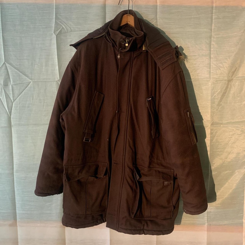 Veezo Vintage Brown Heavy Duty Wool Jacket Faux Fur Hood Pockets Mens XXL